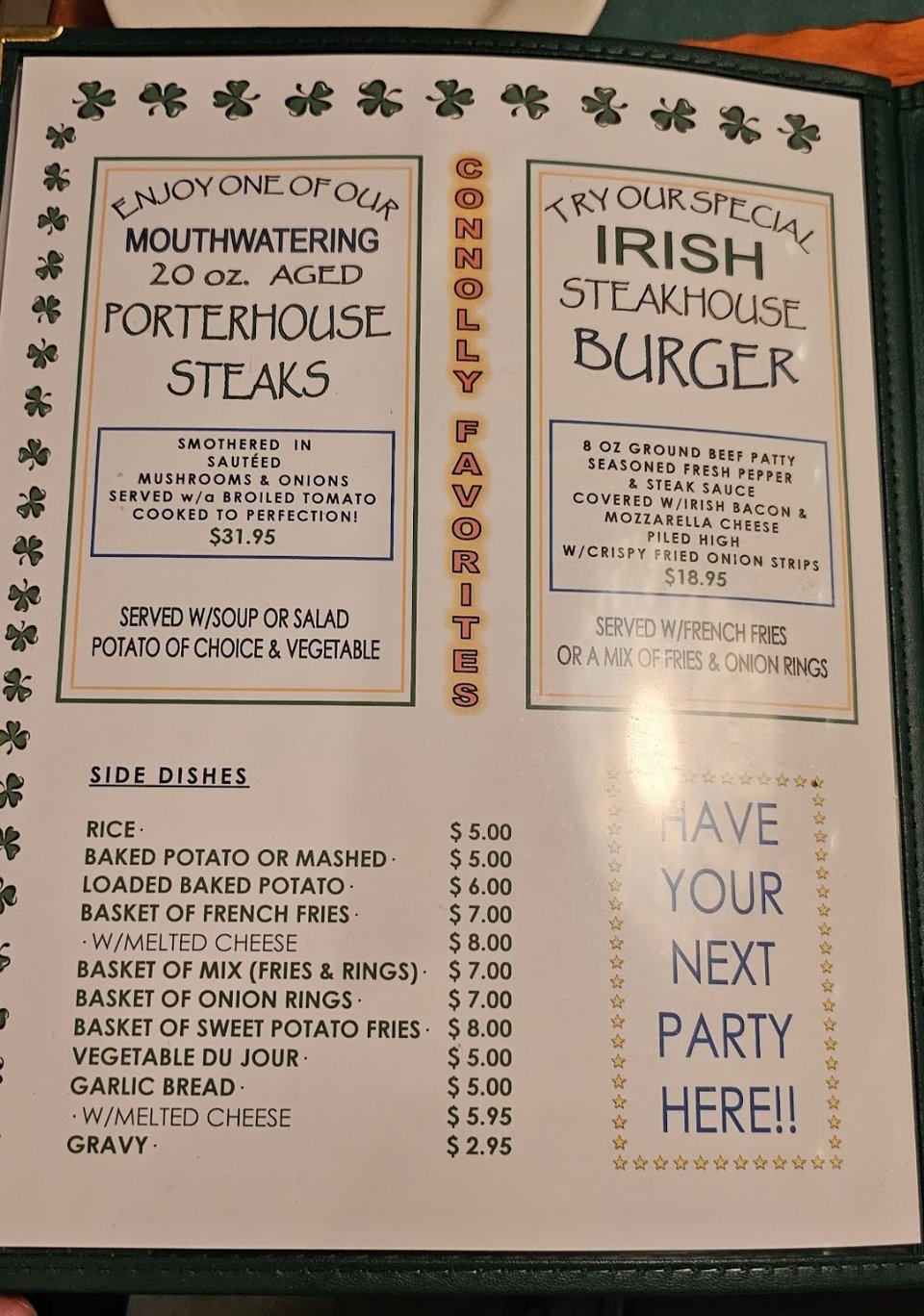 Printed menu featuring brunch and seafood selections.